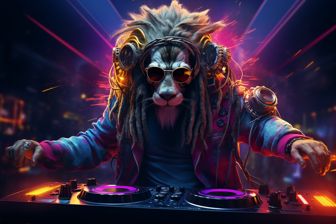 Rasta Lion DJ Cyberpunk UV Tapestry, Blacklight Reactive Wall Hanging ...