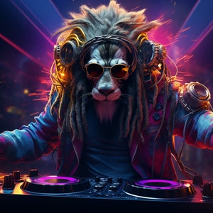 Rasta Lion DJ Cyberpunk Tapestry: Blacklight Reactive Rave Art