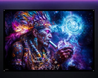 Shaman Smoke Blacklight Tapestry: UV Reactive Glowing Wall Art, Festival Decor