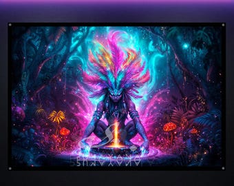 Shaman Woman Spirit Psychedelic Tapestry: Glowing UV Reactive Wall Art, Meditation Decor