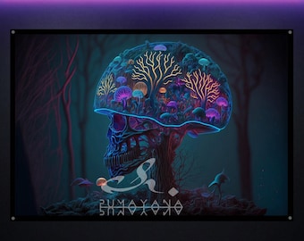 Psychedelic Skull Mushroom Blacklight Tapestry: Glowing UV Reactive Wall Art, Trippy Room Decor