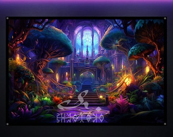 Psychedelic Mushroom Land UV Tapestry: Blacklight Reactive Glowing Art, Rave Decor