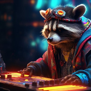 DJ Raccoon Cyberpunk Tapestry: UV Blacklight Reactive Art