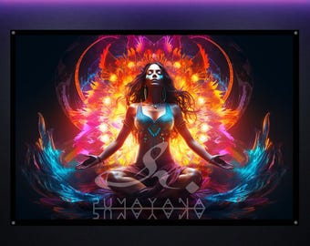 Meditating Goddess Blacklight Tapestry: UV Reacting Glowing Wall Art, Meditation Room
