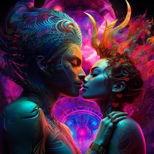 Shamanic Tantra Lovers Tapestry: Blacklight Reactive UV Art