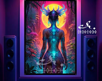 Blacklight Tapestry: Mystical Goddess UV Reactive Art for Raves