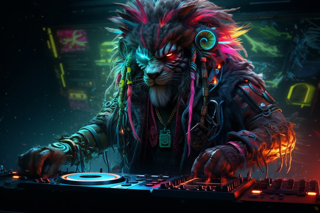 DJ Lion Rasta Cyberpunk UV Tapestry, Blacklight Reactive Wall Hanging ...