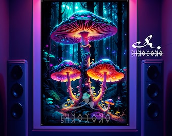 Arazzo magico luminoso a forma di fungo con luce nera: arte psichedelica reattiva ai raggi UV