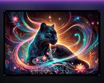Shamanic Black Panther Tapestry: UV Blacklight Psychedelic Glowing Art, Rave Decor