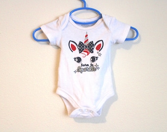 Baby bodysuit size Newborn with Unicorn-EXCELLENT Condition-BORN to SPARKLE-Infant Patriotic Outfit-July Fourth-body suit