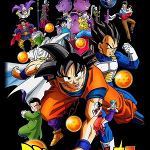 May include: A colorful illustration of characters from the anime Dragon Ball Super. The characters are in various poses, including Goku, Vegeta, and Frieza. The image includes the text "Dragon Ball Super" in Japanese and English.
