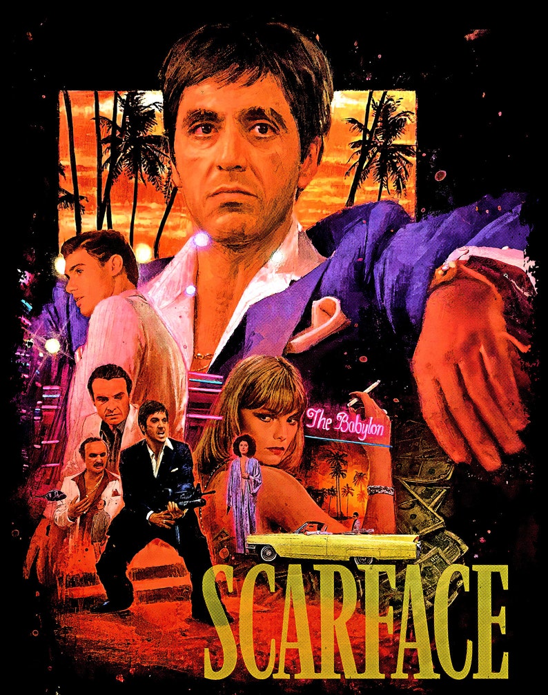 May include: A retro-style poster featuring a portrait of Al Pacino as Tony Montana from the movie Scarface. The poster has a vibrant color scheme with a sunset background and palm trees. The text "Scarface" is prominently displayed in a gold font.
