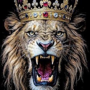 May include: A detailed illustration of a roaring lion wearing a gold crown adorned with jewels. The lion's fur is a mix of brown and tan, with a fierce expression and visible teeth. The background is solid black.