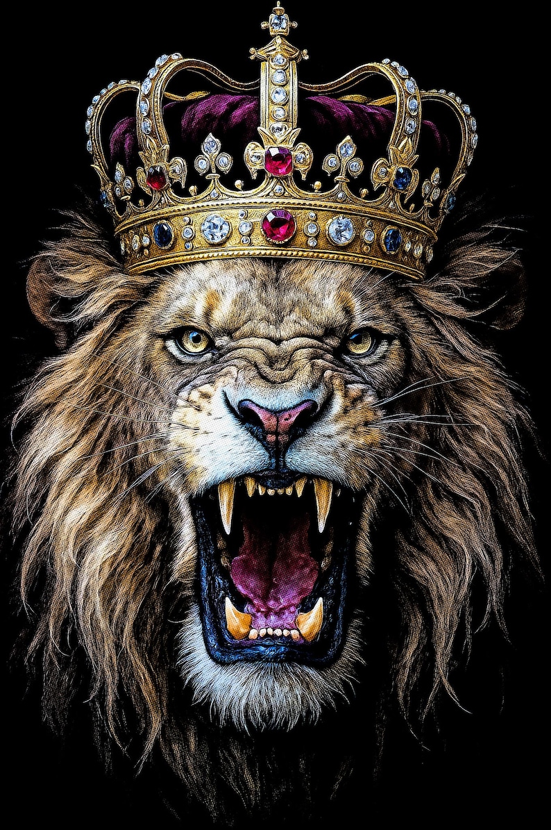 May include: A detailed illustration of a roaring lion wearing a gold crown adorned with jewels. The lion's fur is a mix of brown and tan, with a fierce expression and visible teeth. The background is solid black.