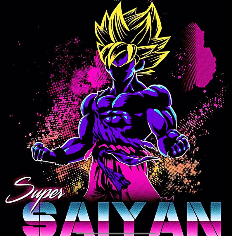 May include: A digital illustration of a Super Saiyan character from the anime Dragon Ball Z. The character is depicted in a dynamic pose with a powerful aura, surrounded by a colorful background.
