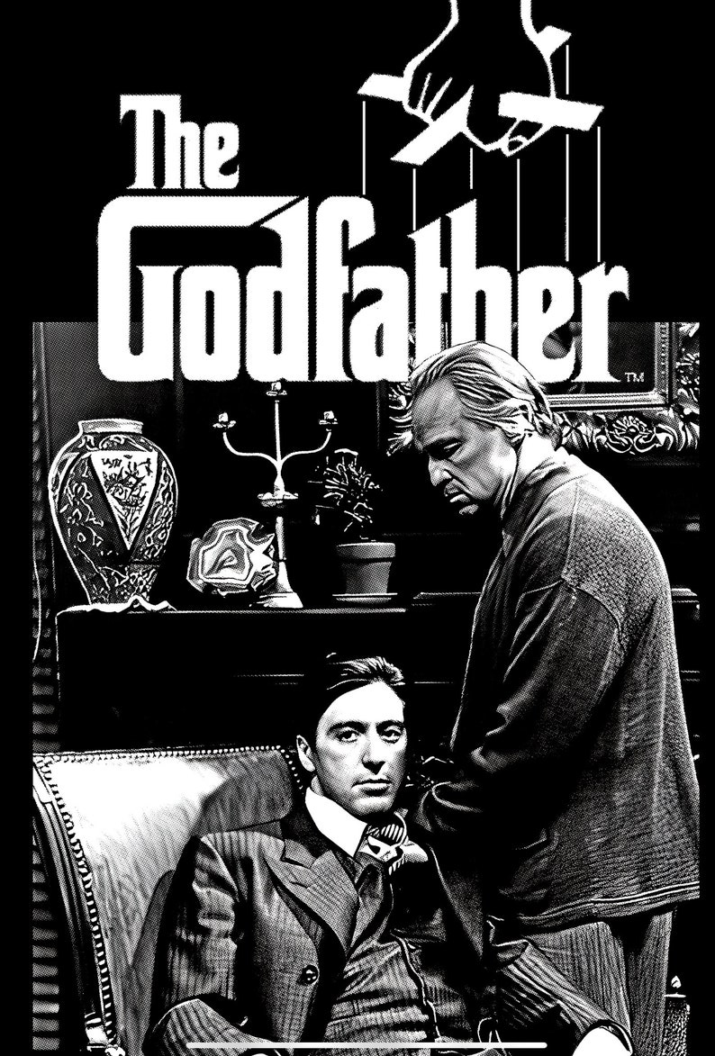 May include: Black and white image of a scene from the movie "The Godfather". A man sits in a chair with a serious expression on his face. Another man stands behind him, looking down at him. The word "Godfather" is written in large, bold letters at the top of the image.