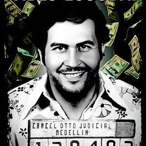 May include: Black and white photo of Pablo Escobar with a mugshot style background. The background has a pattern of falling dollar bills. The mugshot reads "CARCEL OTTO JUDICIAL MEDELLIN 128482".
