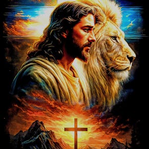 May include: Digital art print depicting Jesus Christ with a lion, set against a backdrop of a cross, mountains, and a sunset. The artwork features warm colors, with a focus on the figures' expressions and the symbolic elements of faith.