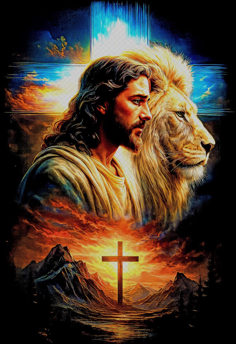 May include: Digital art print depicting Jesus Christ with a lion, set against a backdrop of a cross, mountains, and a sunset. The artwork features warm colors, with a focus on the figures' expressions and the symbolic elements of faith.