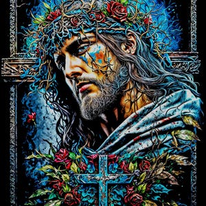 May include: A digital art print depicting a man with long hair, a beard, and a crown of thorns adorned with red roses. The artwork features a blue cross, floral arrangements, and two birds at the top, set against a dark background.