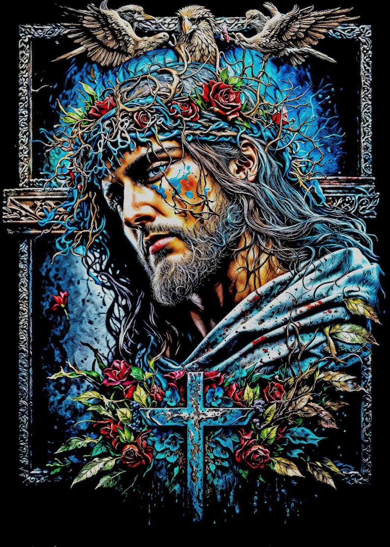 May include: A digital art print depicting a man with long hair, a beard, and a crown of thorns adorned with red roses. The artwork features a blue cross, floral arrangements, and two birds at the top, set against a dark background.