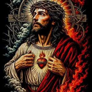 May include: Digital art depicting a man with long hair, a beard, and a crown of thorns. He wears a white tunic and a red robe, with a flaming heart on his chest. The background features a cross, clouds, and flames.