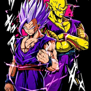 May include: A purple and yellow anime illustration of two characters with a pink and black background. The characters are in a fighting pose with their fists clenched. The text "Saiyan" is written in Japanese characters on the left side of the image.