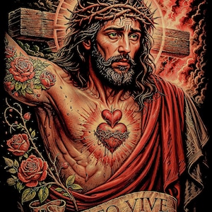 May include: Digital art print of a man with a crown of thorns, a cross in the background, and a heart with thorns. The man has a beard and tattoos of roses. A banner at the bottom reads "CRISTO VIVE".