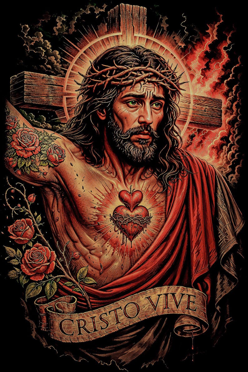 May include: Digital art print of a man with a crown of thorns, a cross in the background, and a heart with thorns. The man has a beard and tattoos of roses. A banner at the bottom reads "CRISTO VIVE".