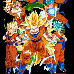 May include: A graphic illustration of five characters from the Dragon Ball Z anime series. The characters are Goku, Gohan, Vegeta, Goten, and Trunks. The characters are all in their signature poses and are surrounded by a bright yellow aura. The text "Dragon Ball Z" is written in large, bold letters at the bottom of the image.