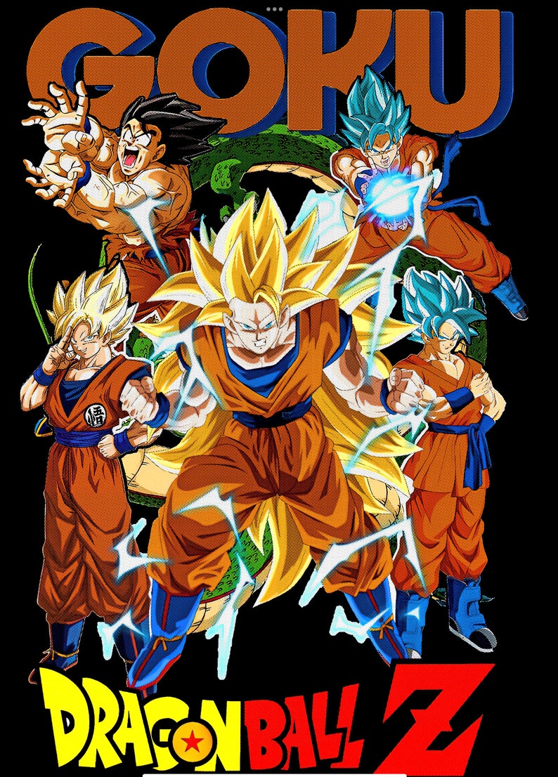 May include: A graphic illustration of five characters from the Dragon Ball Z anime series. The characters are Goku, Gohan, Vegeta, Goten, and Trunks. The characters are all in their signature poses and are surrounded by a bright yellow aura. The text "Dragon Ball Z" is written in large, bold letters at the bottom of the image.