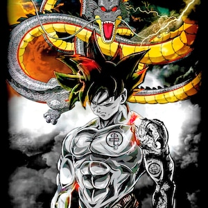 May include: A black and white illustration of a muscular anime character with a dragon tattoo on their arm. The character is wearing a black and orange belt with the text "Polo & Ralph Lauren Polo" on it. The character is standing in front of a large, grey dragon with red eyes and yellow accents.