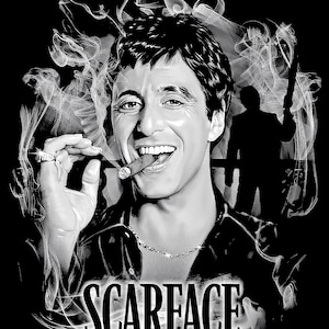 May include: Black and white illustration of a man with a cigar in his mouth, wearing a leather jacket and a gold chain. The background is a smoky haze with the word "SCARFACE" in bold letters.