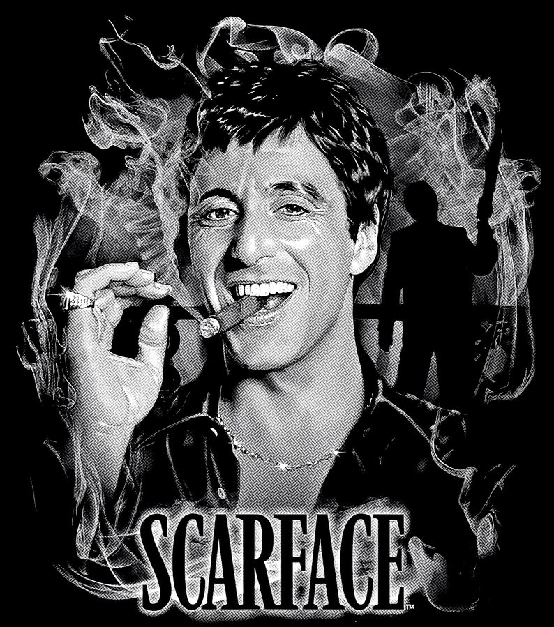 May include: Black and white illustration of a man with a cigar in his mouth, wearing a leather jacket and a gold chain. The background is a smoky haze with the word "SCARFACE" in bold letters.
