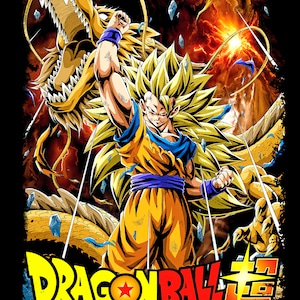 May include: A yellow and orange anime character with spiky blonde hair and a purple sash, standing in front of a yellow dragon with sharp teeth. The text "DRAGON BALL SUPER" is in the bottom center of the image.