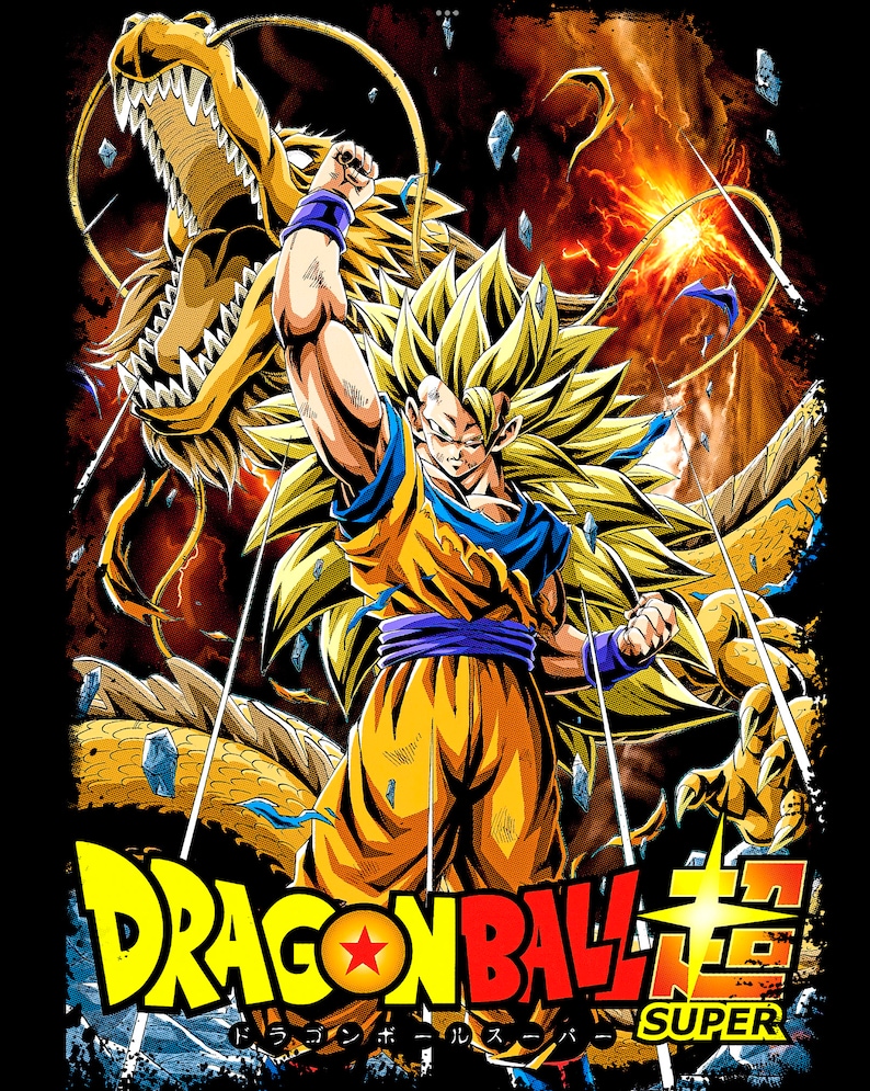 May include: A yellow and orange anime character with spiky blonde hair and a purple sash, standing in front of a yellow dragon with sharp teeth. The text "DRAGON BALL SUPER" is in the bottom center of the image.