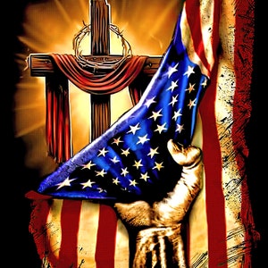 May include: A wooden cross with a red cloth draped over it and a crown of thorns. An American flag is draped over the cross and held by a hand. The background is a distressed American flag.