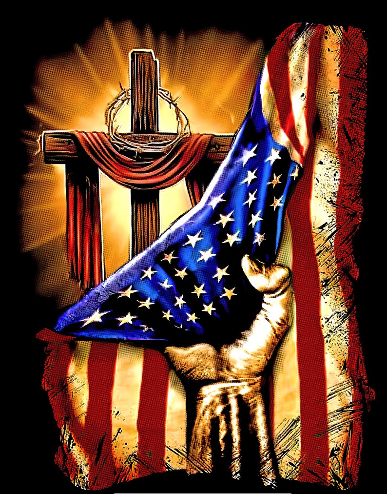 May include: A wooden cross with a red cloth draped over it and a crown of thorns. An American flag is draped over the cross and held by a hand. The background is a distressed American flag.