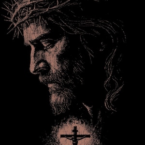 May include: A detailed illustration of a man with a beard and a crown of thorns, rendered in shades of brown against a black background. Below, three crosses are depicted, with the central one bearing a figure.
