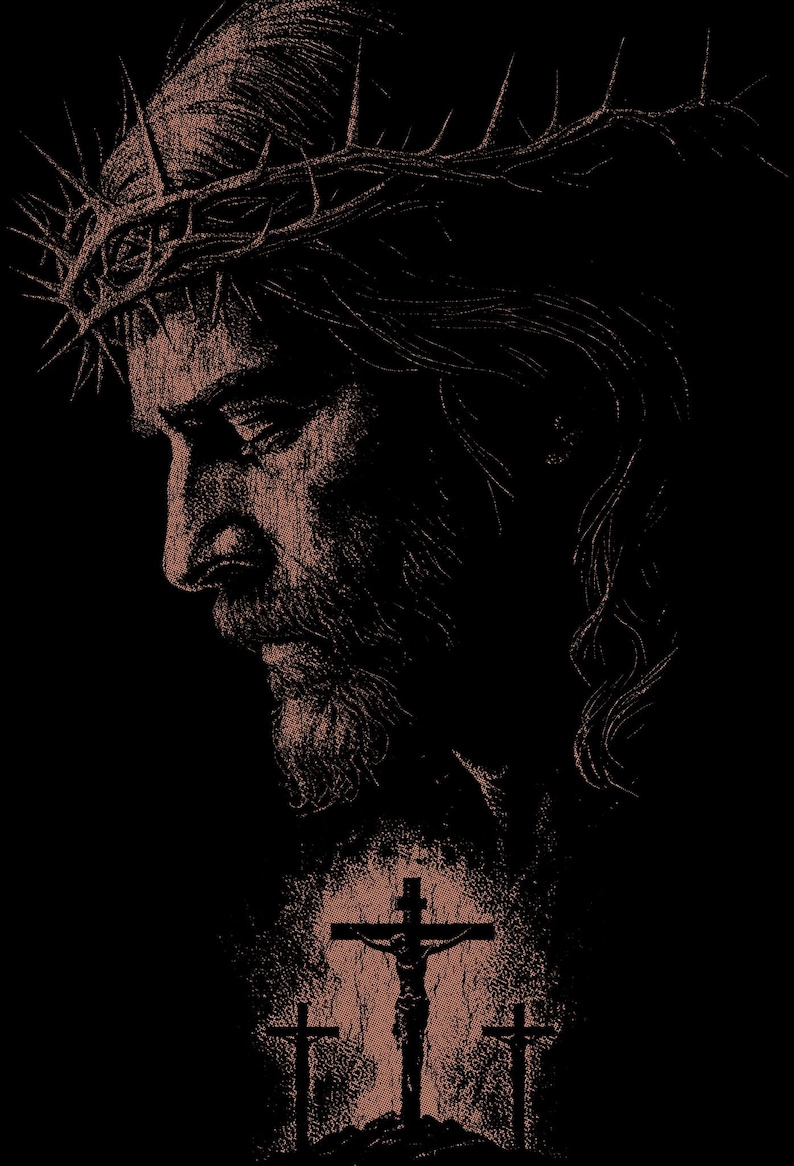 May include: A detailed illustration of a man with a beard and a crown of thorns, rendered in shades of brown against a black background. Below, three crosses are depicted, with the central one bearing a figure.