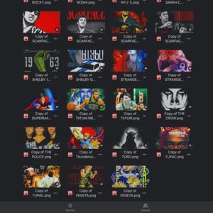 May include: A grid of 12 images, each showing a different graphic design. The images are organized in four rows of three. The images are all in a dark background. The images include a variety of subjects, including a bull, a cartoon character, a police officer, a basketball player, and a superhero.