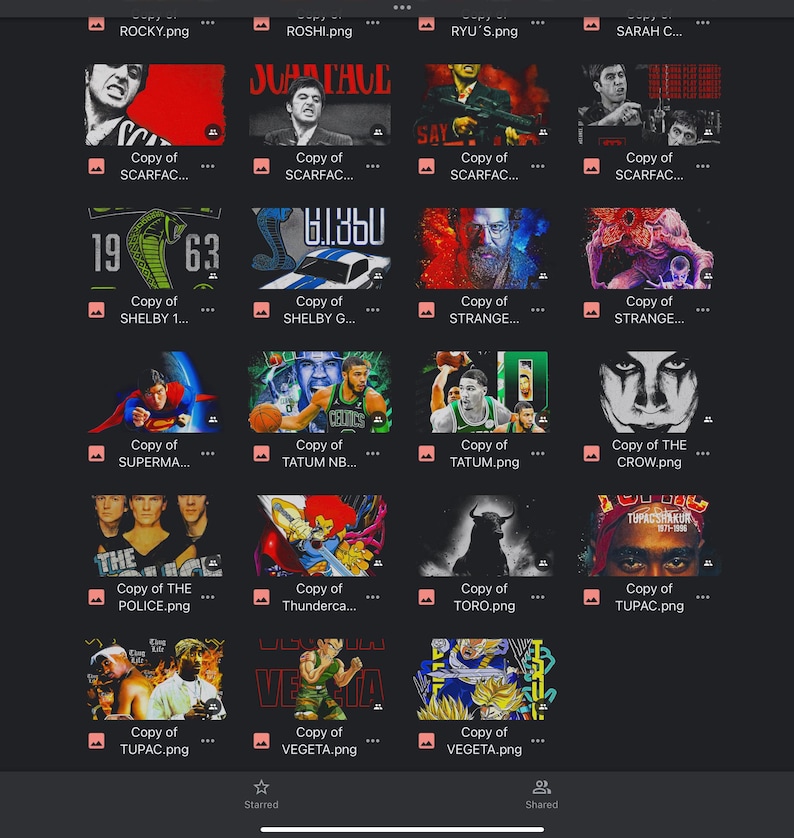 May include: A grid of 12 images, each showing a different graphic design. The images are organized in four rows of three. The images are all in a dark background. The images include a variety of subjects, including a bull, a cartoon character, a police officer, a basketball player, and a superhero.