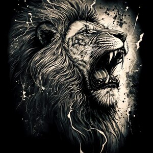 May include: A black and white illustration of a roaring lion with a dramatic mane. The lion's mouth is open wide, showing its teeth. The background is a dark gray with white splatters of paint.