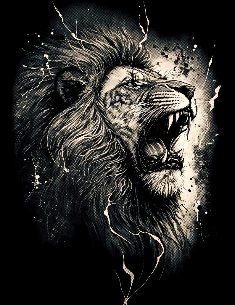 May include: A black and white illustration of a roaring lion with a dramatic mane. The lion's mouth is open wide, showing its teeth. The background is a dark gray with white splatters of paint.