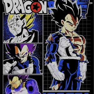 Puede incluir: Gráfico negro con la palabra "DRAGON" y el personaje "Vegeta" de Dragon Ball Z. La imagen muestra a Vegeta en varias poses, con un fondo de cuadrícula y una estrella roja.