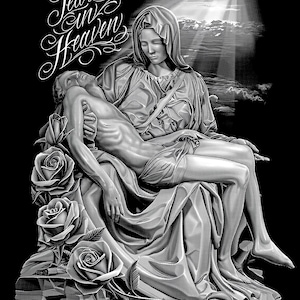 May include: Black and white illustration of a religious scene depicting the Virgin Mary holding the body of Jesus Christ. The image features a background of clouds and a sunbeam shining down. The text "Tears in Heaven" is written in a stylized font at the top of the image.