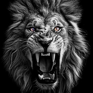 May include: A black and white photo of a lion with its mouth open, showing its teeth. The lion has a thick mane and piercing purple eyes.