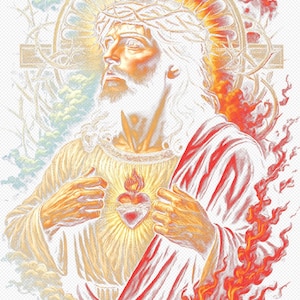 May include: Illustration of a religious figure with a halo and crown of thorns. The figure wears a yellow robe and red and white draped cloth. A flaming heart is on the chest. The background features a cross, clouds, and flames.