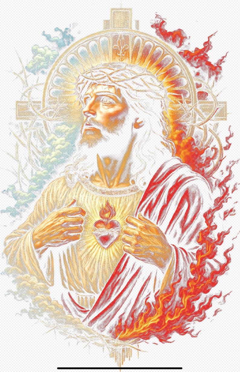 May include: Illustration of a religious figure with a halo and crown of thorns. The figure wears a yellow robe and red and white draped cloth. A flaming heart is on the chest. The background features a cross, clouds, and flames.
