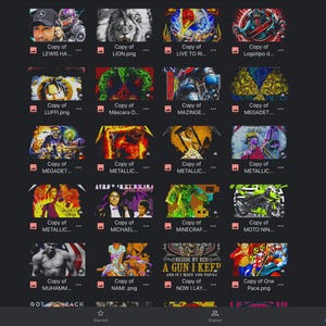May include: A collage of images featuring various designs, including a lion, a motorcycle, a cartoon character, and a robot. The images are all in a dark, stylized, and graphic style.